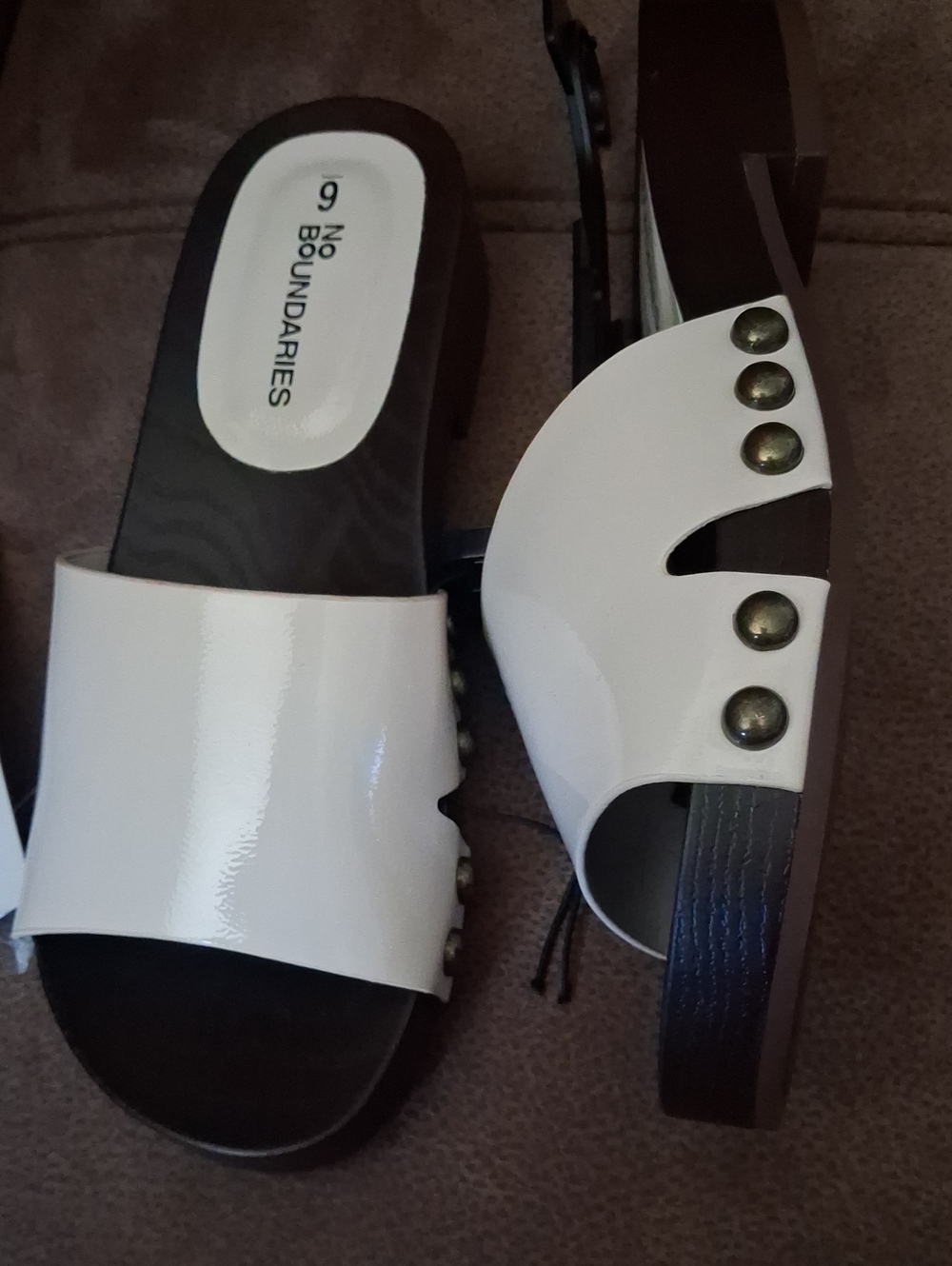 No Boundaries Off White Patent Slide Mules with Stud Detail Size 6